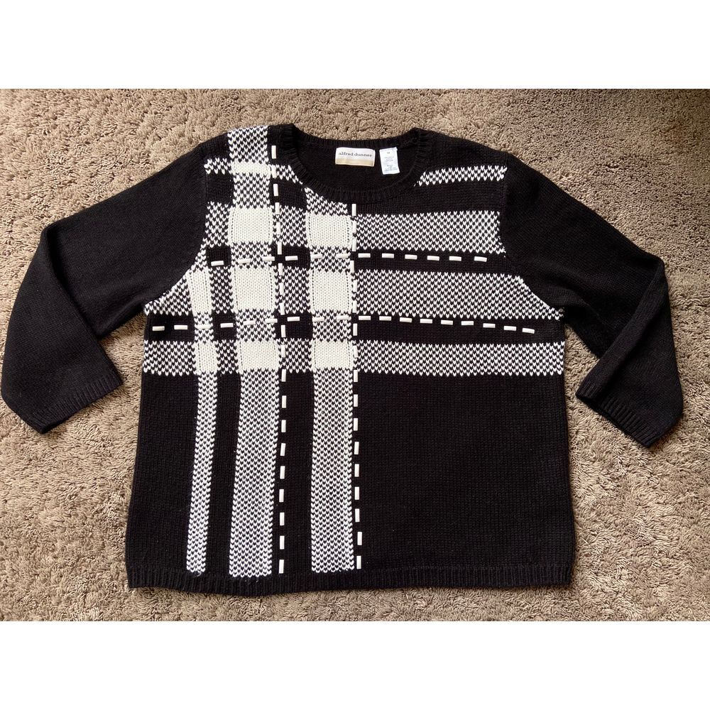 Vtg Alfred Dunner 80s 90s Blk White Plaid Houndstooth Beaded Sweater 3/4 Slv 2XL